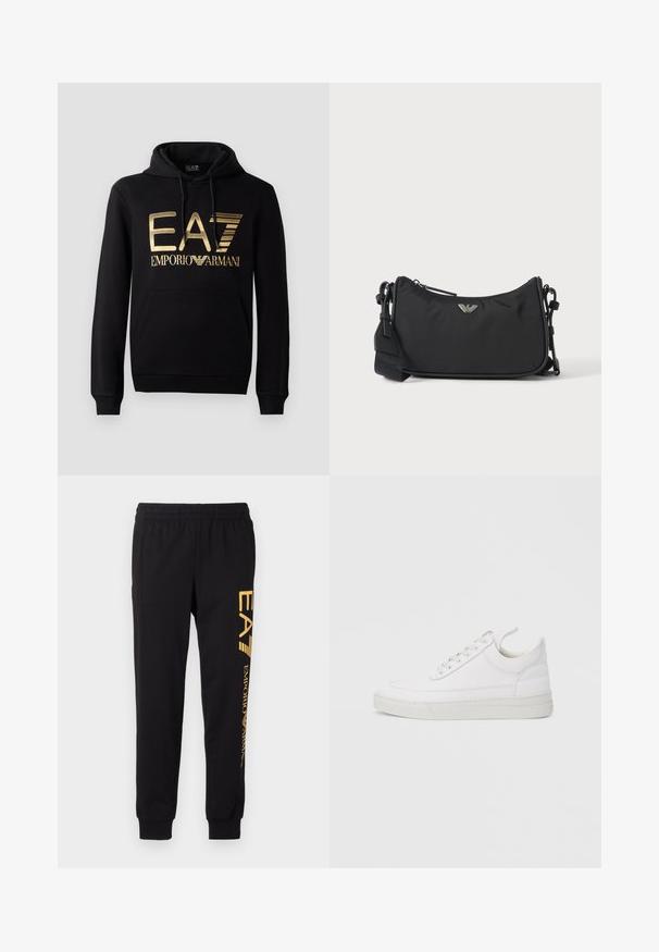 Sort hættejakke med et guld EA7-logo og "EMPORIO ARMANI" tekst på forsiden. Inkluderer en frontlomme og hætte med snore.; Sorte sweatpants lavet af blødt stof, med elastisk talje og afsluttede ankler. Gul branding trykt lodret på venstre ben.; Hvid lædersneaker med rundet tå, flad sål og snørebånd foran. Har syningsdetaljer og polstret krave for komfort.; Sort rektangulær crossbody taske med sølv brandlogoemblem og justerbar rem på lys baggrund.