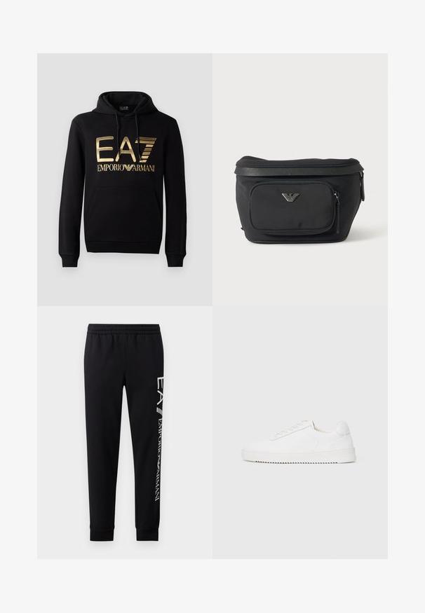 Čierna mikina s kapucňou, ktorá na prednej strane obsahuje zlaté logo EA7 a text "EMPORIO ARMANI". Má prednú vrecko s kangaroo a kapucňu so sťahovacou šnúrkou.; Čierne tepláky vyrobené z bavlnenej zmesi, s elastickým pásom, zúženými nohavicami, ribovanými manžetami a bielym logom na boku.; Biele tenisky s hladkým koženým zvrškom, zaoblenou špičkou, šnúrkami, textúrovanými bočnými akcentmi a hrubou gumovou podrážkou. Minimalistický dizajn.; Čierna ľadvinka s predným vreckom na zips a strieborným logom orla, hladká látka s textúrovaným lemom a ťaháčikmi zipsu.