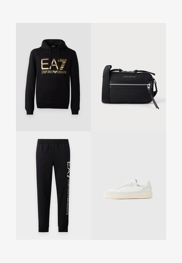 Sort hættejakke med et guld EA7-logo og "EMPORIO ARMANI" tekst på forsiden. Inkluderer en frontlomme og hætte med snore.; Sorte sweatpants lavet af en bomuldsblanding, med elastisk talje, smalle ben, ribbede manchetter og hvidt logo print langs siden.; Hvid sneakers med en øvre del i tekstureret ruskind og læder. Har rundet tå, snørelukning og kontrasterende beige gummisål.; Sort nylon crossbody-taske med sølvfarvet hardware, en lynlås i toppen, frontlomme og præget logo. Justerbar rem inkluderet.
