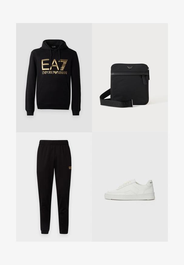 Sort hættejakke med et guld EA7-logo og "EMPORIO ARMANI" tekst på forsiden. Inkluderer en frontlomme og hætte med snore.; Sorte sweatpants med elastisk talje, tætsiddende manchetter og et lille gult logo på den øverste venstre ben. Blødt, glat stof.; Hvide lædersneakers med en glat overflade, rund tå, flade snørebånd og en tekstureret sål. Har et diskret logo på hælen.; Sort firkantet skuldertaske med lynlås, frontlomme og justerbar rem med præget brandnavn.