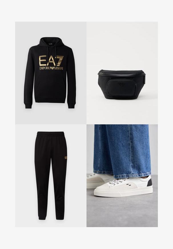 Sudadera negra con logo dorado de EA7 y texto "EMPORIO ARMANI" en la parte frontal. Incluye un bolsillo tipo canguro en la parte delantera y capucha con cordón.; Pantalones de chándal negros con cintura elástica, puños ajustados y un pequeño logo amarillo en la parte superior de la pierna izquierda. Textura de tela suave y lisa.; Zapatillas blancas y negras con una parte superior de cuero suave, acentos texturizados y una suela blanca gruesa. Presenta un diseño clásico de cordones.; Bolsa negra de nailon con un bolsillo delantero con cremallera, presenta una textura lisa y un acento de logo. Diseño estructurado con una tapa plegable.