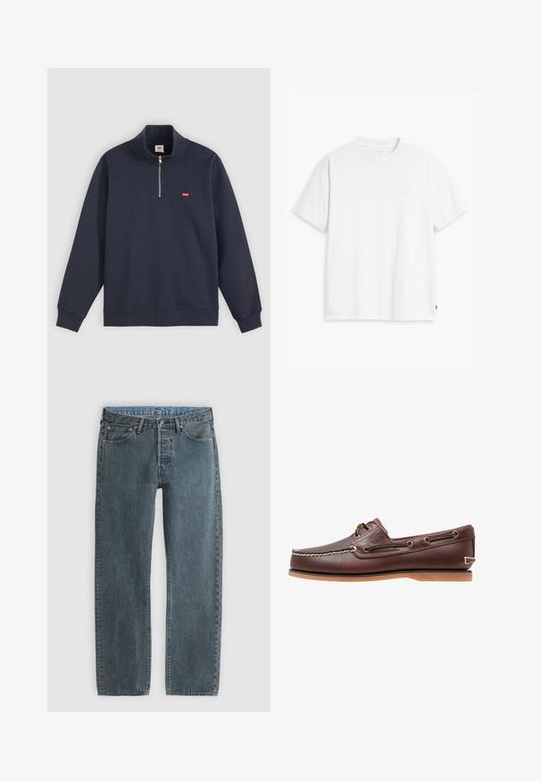 Marineblauer Pullover aus Baumwoll-Mix, mit hohem Kragen, halben Reißverschluss und kleinem roten Logo auf der linken Brust.; Weißes Baumwoll-T-Shirt mit kurzen Ärmeln, rundem Ausschnitt und einem dezenten "Levi's"-Logo in heller Farbe auf der Vorderseite.; Blaue Denim-Jeans mit klassischem Fünf-Taschen-Design und geradem Bein, flach auf hellem Hintergrund dargestellt.; Brauner Leder-Bootsschuh mit weißen Nähten, Schnürdetails und hellbrauner Gummisohle, seitlich auf weißem Hintergrund gezeigt.