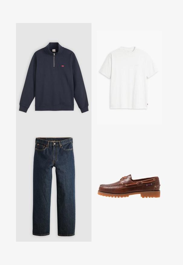 Marineblauwe pullover trui van een katoenmix, met een hoge kraag, halve rits en een klein rood logo op de linkerborst.; Wit katoenen T-shirt met korte mouwen, ronde hals en een subtiel "Levi's" logo in een lichte kleur op de voorkant gedrukt.; Donkerblauwe denim jeans met een rechte pijp. Voorzien van vijf zakken, contrasterende stiksels en een knoopsluiting in de taille.; Bruine leren bootschoen met rubberen loopzool, veterogen en een gestikte bovenkant, voorzien van een verhoogd, gestructureerd patroon langs de teen.