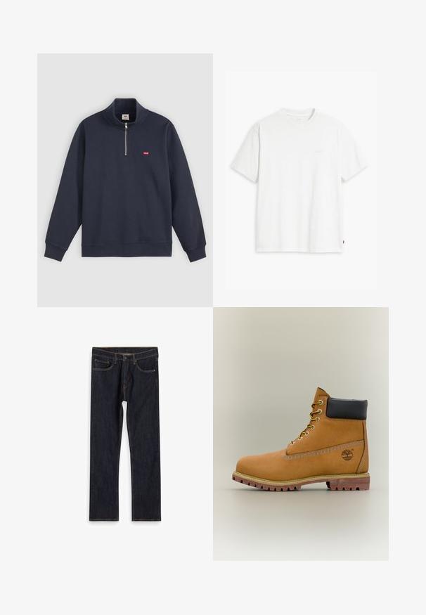 Marineblauer Pullover aus Baumwoll-Mix, mit hohem Kragen, halben Reißverschluss und kleinem roten Logo auf der linken Brust.; Weißes Baumwoll-T-Shirt mit kurzen Ärmeln, rundem Ausschnitt und einem dezenten "Levi's"-Logo in heller Farbe auf der Vorderseite.; Dunkelblaue, gerade geschnittene Jeans aus Denim mit Fronttaschen, Gürtelschlaufen und kontrastierendem orangefarbenem Nähen, flach auf weißem Hintergrund ausgelegt.; Brauner Leder-Stiefelette mit schwarzem Kragen, gelben Schnürsenkeln und hellbrauner Sohle. Verfügt über ein Logo und weiße Ziernähe. Robuste Profilsohle.