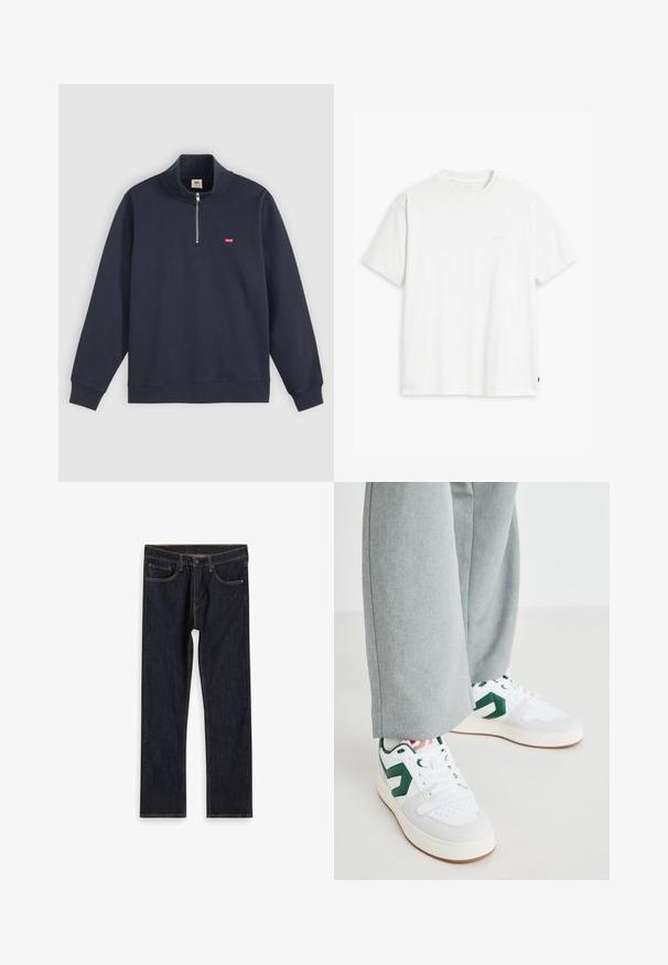 Marineblauer Pullover aus Baumwoll-Mix, mit hohem Kragen, halben Reißverschluss und kleinem roten Logo auf der linken Brust.; Weißes Baumwoll-T-Shirt mit kurzen Ärmeln, rundem Ausschnitt und einem dezenten "Levi's"-Logo in heller Farbe auf der Vorderseite.; Dunkelblaue, gerade geschnittene Jeans aus Denim mit Fronttaschen, Gürtelschlaufen und kontrastierendem orangefarbenem Nähen, flach auf weißem Hintergrund ausgelegt.; Weiße und grüne Sneakers aus glattem Leder und Wildleder, mit einem auffälligen grünen Logo-Akzent und weißen Schnürsenkeln. Graue Hosen sind teilweise sichtbar.