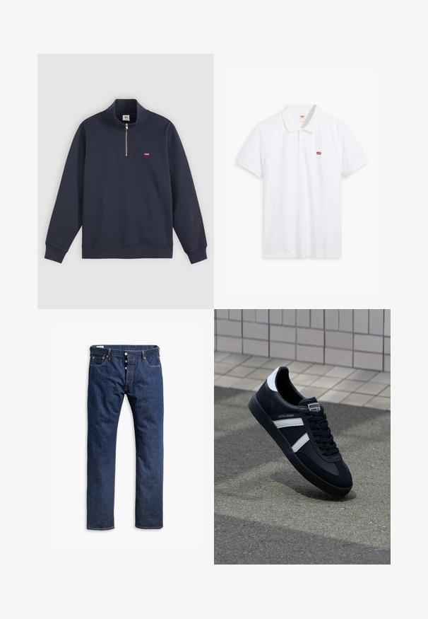 Marineblauer Pullover aus Baumwoll-Mix, mit hohem Kragen, halben Reißverschluss und kleinem roten Logo auf der linken Brust.; Weißes Poloshirt aus Baumwolle. Verfügt über eine Knopfleiste mit drei Knöpfen, kurze Ärmel und ein kleines rotes Levi's-Logo auf der linken Brust.; Dunkelblaue Jeans aus Denim mit geradem Bein, Kontrastnähten, Knopfverschluss und fünf Taschen.; Schwarze Leder-Sneaker mit weißen Streifen, strukturiertem Gummisohle und Schnürung. Verfügt über ein Markenetikett auf der Zunge.