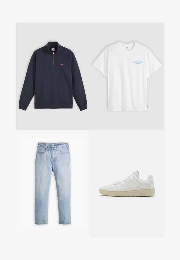 Marineblauer Pullover aus Baumwoll-Mix, mit hohem Kragen, halben Reißverschluss und kleinem roten Logo auf der linken Brust.; Weißes T-Shirt mit kurzen Ärmeln und kleinem blauen Schriftzug „LIVING LEGEND“ auf der linken Brust, vor schlichtem grauem Hintergrund.; Helle blaue Denim-Jeans mit geradem Bein, im Fünf-Taschen-Stil und kontrastierenden Nähten. Knopf- und Reißverschluss an der Taille.; Weiße Leder-Sneaker mit strukturierter Oberfläche und gepolstertem Kragen. Sie verfügen über eine beigen Gummisohle und dezente Markenkennzeichnung an der Ferse und an der Seite.