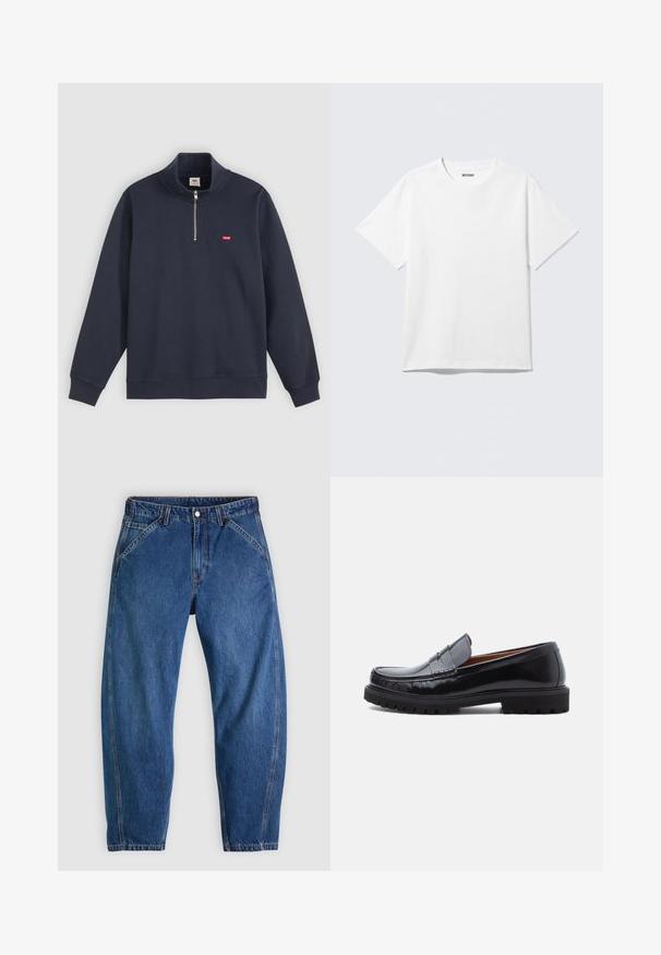 Marineblauer Pullover aus Baumwoll-Mix, mit hohem Kragen, halben Reißverschluss und kleinem roten Logo auf der linken Brust.; Weißes T-Shirt mit kurzen Ärmeln und Rundhalsausschnitt, flach liegend, schlichtes Design, mit „WEEKDAY“-Etikett innen im Kragen auf hellem Hintergrund.; Blaue Denim-Jeans mit lockerer Passform, ausgestattet mit Knopfverschluss, fünf Taschen und kontrastierenden orangefarbenen Nähten. Durchgehend glatte Textur.; Schwarze Leder-Penny-Loafer mit strapazierfähiger Gummisohle und Mokassin-Stich, seitlich auf einem weißen Hintergrund dargestellt.