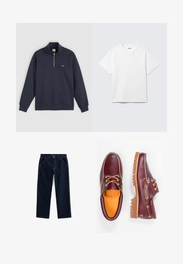 Marineblauer Pullover aus Baumwoll-Mix, mit hohem Kragen, halben Reißverschluss und kleinem roten Logo auf der linken Brust.; Weißes T-Shirt mit kurzen Ärmeln und Rundhalsausschnitt, flach liegend, schlichtes Design, mit „WEEKDAY“-Etikett innen im Kragen auf hellem Hintergrund.; Dunkelblaue Jeans mit geradem Bein, mit fünf Taschen und kontrastierenden weißen Nähten entlang der Nähte und Taschen.; Bordeauxfarbene Lederschuhe mit braunen Gummisohlen, runder Zehenform, weißen Nähten und goldenen Ösen. Das Innenfutter weist eine gelbe Beschichtung auf.