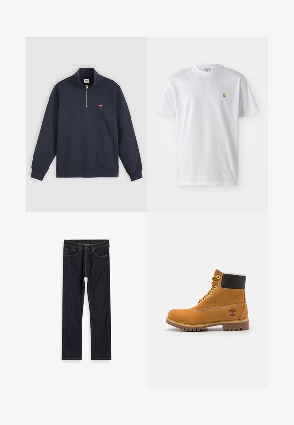 Marineblauer Pullover aus Baumwoll-Mix, mit hohem Kragen, halben Reißverschluss und kleinem roten Logo auf der linken Brust.; Weißes Baumwoll-T-Shirt mit kurzen Ärmeln, Rundhalsausschnitt, mit einem kleinen goldenen Logo im linken Brustbereich. Weicher Stoff und normale Passform.; Dunkelblaue, gerade geschnittene Jeans aus Denim mit Fronttaschen, Gürtelschlaufen und kontrastierendem orangefarbenem Nähen, flach auf weißem Hintergrund ausgelegt.; Braune Leder-Ankle-Boots mit Metallösen, weißem Kunstfellfutter, schwarzem gepolstertem Kragen, robustem Sohlenprofil und geprägtem Logo an der Seite.