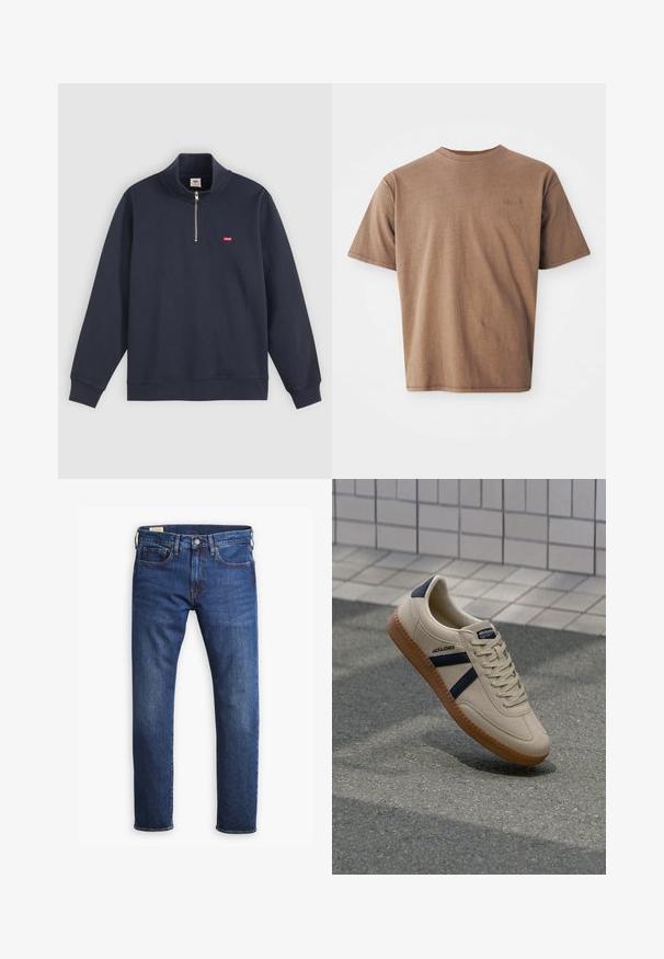 Tumesinine pullover-sweater, mis on valmistatud puuvillase segust, millel on kõrge krae, poolne lukk ja väike punane logo vasakul rinnal.; Pruun puuvillane T-särk ümmarguse kaelusega, lühikeste varrukatega ning diskreetne brodööritud logo vasakul rinnal. Sile tekstuur, mugav lõige.; Sinine teksapüksid sirge sääre lõikega, viie taskuga, nööbiga ja tõmblukuga, kontrastsete kuldsete õmblustega.; Bežist sneaker, millel on tekstureeritud viimistlus, tumesinised triibud ja kummi tald. Omab pehmendustega keelt ja traditsioonilist nööpimissüsteemi kindla istuvuse tagamiseks.