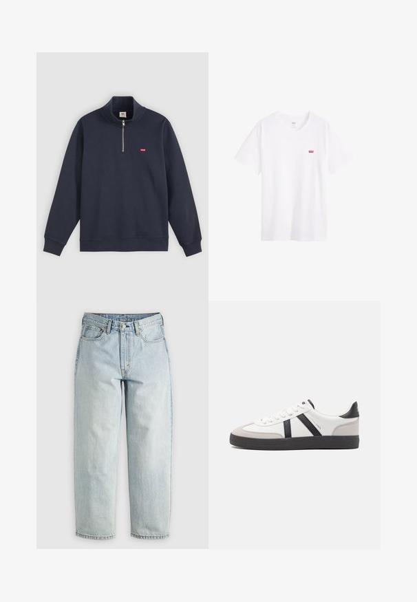 Marineblauwe pullover trui van een katoenmix, met een hoge kraag, halve rits en een klein rood logo op de linkerborst.; Witte katoenen t-shirt met een ronde halslijn, korte mouwen en een klein rood Levi's-logo op de linkerkant van de borst. Soepele textuur, standaard pasvorm.; Lichtblauwe denim jeans met een rechtBeen, vijf zakken en een knoopsluiting; heeft vervaagde gebieden en subtiele stikdetails.; Witte sneaker met zwarte en grijze accenten, voorzien van een grijze neus met textuur, zwarte rubberen zool en platte witte veters. Schoon ontwerp, minimalistische stijl.