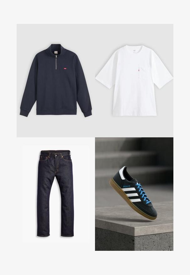 Marineblauer Pullover aus Baumwoll-Mix, mit hohem Kragen, halben Reißverschluss und kleinem roten Logo auf der linken Brust.; Weißes Baumwoll-T-Shirt mit kurzen Ärmeln, rundem Ausschnitt und Brusttasche auf der linken Seite. Mit kleinem rotem Logotag an der Tasche.; Dunkelblaue gerade geschnittene Jeans aus Denim mit fünf Taschen und orangefarbenen Kontrastnähten, flach auf einem weißen Hintergrund ausgelegt.; Schwarzer Adidas-Sneaker mit weißen Streifen, blauen Schnürsenkeln und Gummisohle, der über einer grauen Betontreppe im weichen Licht schwebt.