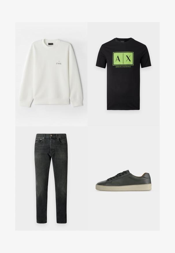 Hvid sweatshirt lavet af blødt stof. Har rund halsudskæring og lange ærmer. Et lille gråt broderet logo er placeret på brystet.; Sort T-shirt med korte ærmer og et grønt rektangulært logo med "A|X" og teksten "Armani Exchange" centreret på fronten.; Sorte denim jeans med lige ben, fem lommer og knaplukning. Har en falmet finish og subtile stikningsdetaljer.; Lav top sort lædersneaker med sorte snørebånd og off-white gummisål, set fra den ydre side på hvid baggrund.