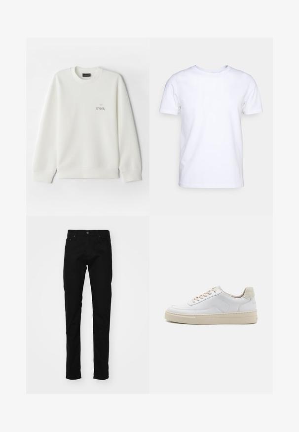 Hvid sweatshirt lavet af blødt stof. Har rund halsudskæring og lange ærmer. Et lille gråt broderet logo er placeret på brystet.; Hvid kortærmet t-shirt i bomuldsstof med rund halsudskæring. Enkel design uden mønstre eller detaljer. Glat tekstur.; Sorte denim jeans med slim fit, der har et klassisk fem-lomme design, metalknap og syede detaljer på lommerne.; Hvide sneakers med en glat læderoverdel, beige snørebånd og en tekstureret beige ruskindsheel-tab. Hævet sål for ekstra højde.