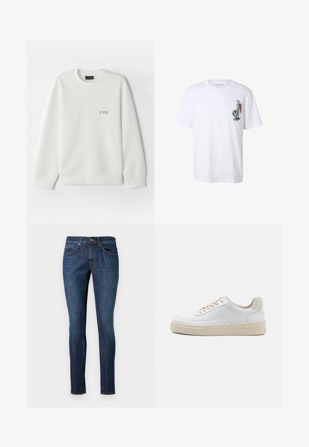 Witte sweatshirt gemaakt van zachte stof. Heeft een ronde halslijn en lange mouwen. Een klein grijs geborduurd logo is op de borst geplaatst.; Witte T-shirt met korte mouwen, met een klein kleurrijk True Religion-logo en tekst op het linkerborstgedeelte, ronde hals.; Donkerblauwe denim jeans met een slim fit, vijf zakken en contrasterende stiksels. De stof heeft een gladde textuur en een lichte glans.; Witte sneaker met een gevoerd leren bovenwerk, beige veters en een gestructureerde beige suede hieltab. Verhoogde zool voor extra hoogte.