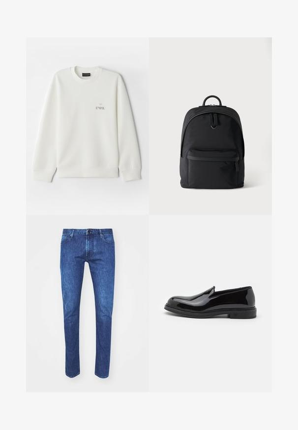 Witte sweatshirt gemaakt van zachte stof. Heeft een ronde halslijn en lange mouwen. Een klein grijs geborduurd logo is op de borst geplaatst.; Blauwe denim jeans met een rechte pasvorm, knoopsluiting, vijf zakken en contrasterende stiksels. De stof heeft een medium wasbeurt met lichte vervaging.; Zwarte gepolijste leren instapschoen met een ronde neus, met een gestructureerde zool en subtiele branding op de hak. Glad oppervlak.; Zwarte rugzak met een voorvak met rits, hoofdvak met dubbele rits en een klein metalen logo onder de hoofdritsgrepen.