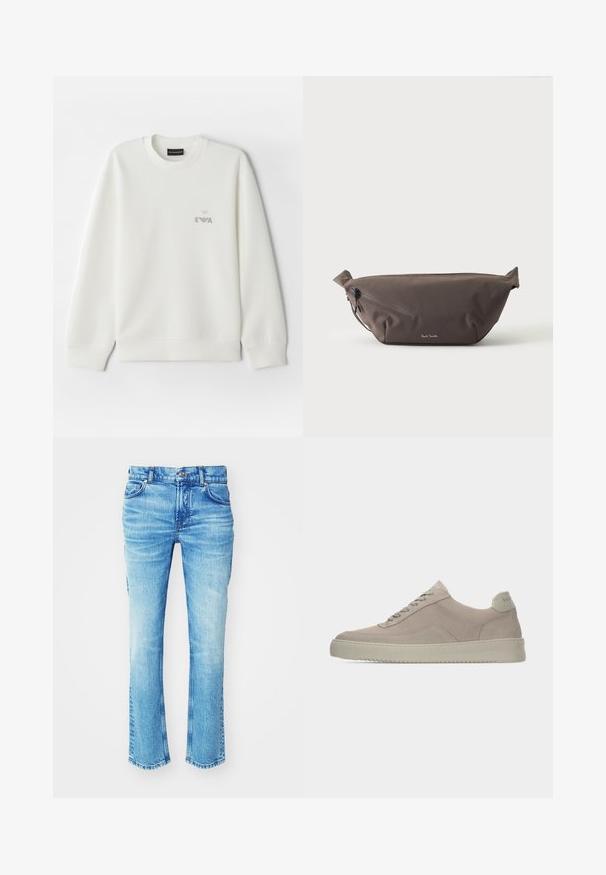 Weißes Sweatshirt aus weichem Stoff. Mit Rundhalsausschnitt und langen Ärmeln. Ein kleines, graues, gesticktes Logo befindet sich auf der Brust.; Blaue Jeans aus Denim mit einem ausgewaschenen Look, geradem Bein und rohem Saum. Verfügt über einen Fünf-Taschen-Stil und Metallknopf-Details.; Beige Wildledersneaker mit strukturierter Oberfläche, abgerundeter Zehenpartie und tonalen Schnürsenkeln. Verfügt über eine dicke Gummisohle und dezente Markenkennzeichnung an der Ferse.; Dunkelbraune Stoff-Gürteltasche mit diagonalem Reißverschlussfach und kleinem weißen Logo vorne, vor einem einfarbigen hellen Hintergrund.