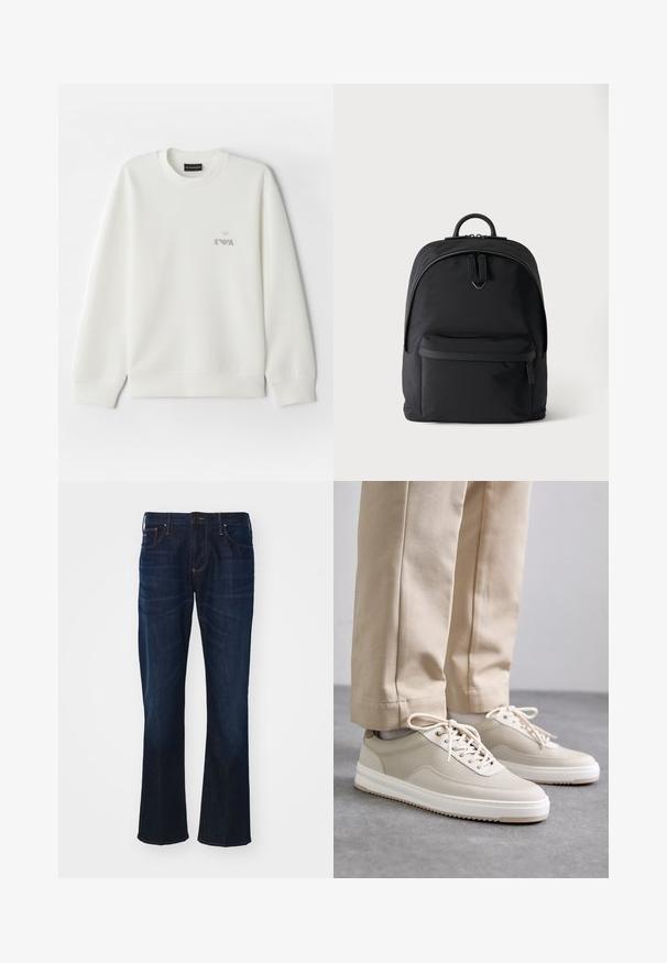 Weißes Sweatshirt aus weichem Stoff. Mit Rundhalsausschnitt und langen Ärmeln. Ein kleines, graues, gesticktes Logo befindet sich auf der Brust.; Dunkelblaue Jeans aus Denim mit geradem Schnitt, Fünf-Taschen-Design und auffälligen Nähdetails. Der Stoff hat eine glatte Textur.; Beige Sneaker mit strukturiertem Obermaterial, weißen Sohlen und gestickten Akzenten, kombiniert mit beigen Hosen, auf einer grauen Fläche präsentiert.; Schwarzer Rucksack mit einer vorderen Reißverschlusstasche, einem Hauptfach mit Doppelreißverschluss und einem kleinen Metalllogo unter den Hauptreißverschlussgriffen.