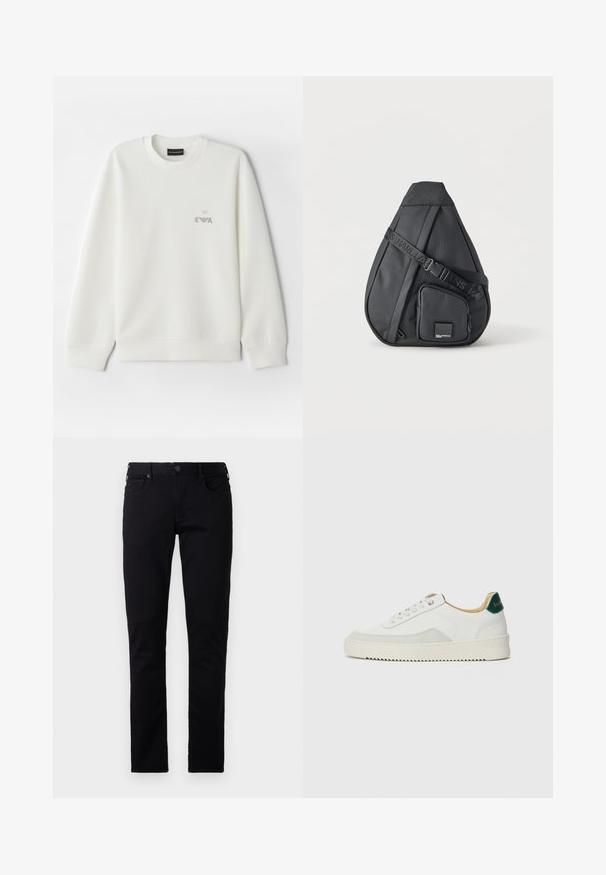 Witte sweatshirt gemaakt van zachte stof. Heeft een ronde halslijn en lange mouwen. Een klein grijs geborduurd logo is op de borst geplaatst.; Emporio Armani POCKETS PANT - Slim fit jeans - black denim; Witte sneaker met suède accenten, ronde neus, platte veters en een crème rubberen zool. Bevat groene branding op de hiel.; Zwarte druppelvormige crossbodytas met verstelbare band en voorvak met rits met een klein merklogo.