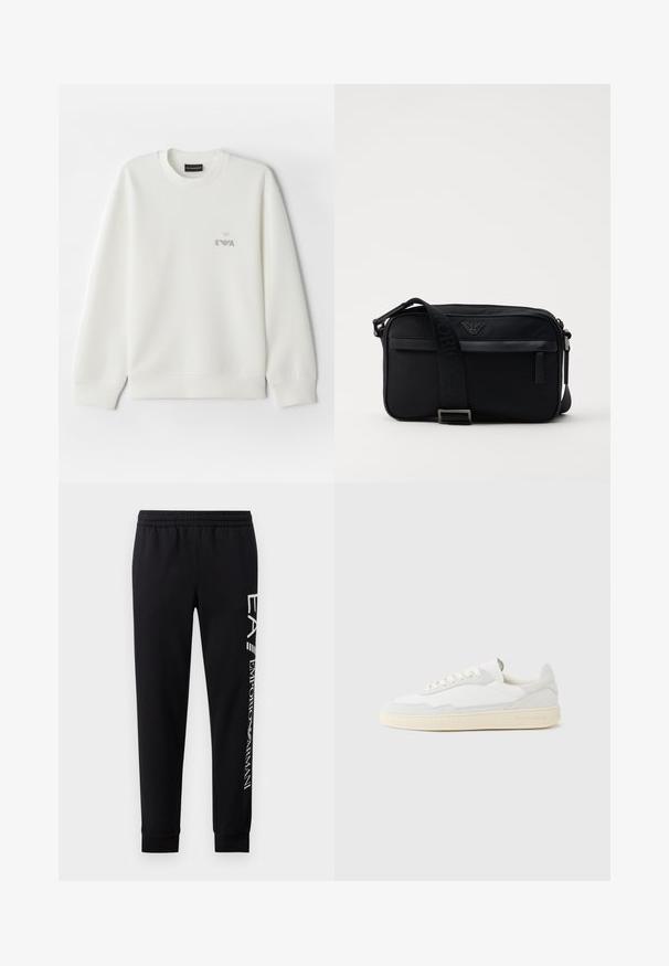 Weißes Sweatshirt aus weichem Stoff. Mit Rundhalsausschnitt und langen Ärmeln. Ein kleines, graues, gesticktes Logo befindet sich auf der Brust.; Schwarze Sweatpants aus Baumwollmischung mit elastischem Taillenbund, schmal zulaufenden Beinen, gerippten Bündchen und weißem Logo-Druck entlang der Seite.; Weißer Sneaker mit strukturiertem Obermaterial aus Wildleder und Leder. Verfügt über eine runde Zehenpartie, Schnürverschluss und eine kontrastierende beige Gummisohle.; Schwarze Nylon-Schultertasche mit einem kontrastierenden Riemen, schlanker rechteckiger Form, Logo-Detail und einer Reißverschlusstasche auf der Vorderseite.