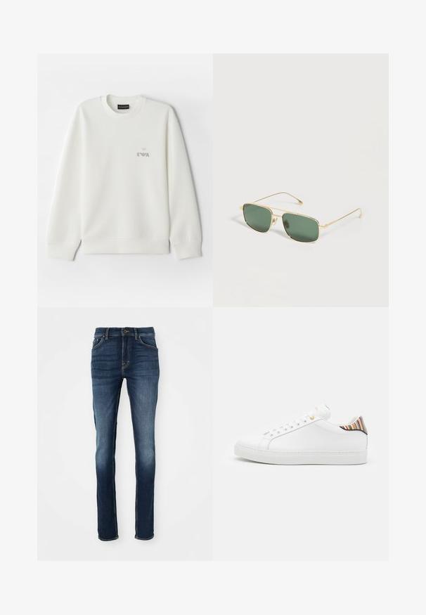 Hvid sweatshirt lavet af blødt stof. Har rund halsudskæring og lange ærmer. Et lille gråt broderet logo er placeret på brystet.; Mørkeblå denim jeans med slim fit, der har fem lommer, gyldent syninger og en let slidtageret front for et afslappet look.; Hvide lædersneakers med en glat overflade, prydet med en farverig stribet detalje på hælen, guldøje og flad hvid sål.; Guldindfattede rektangulære solbriller med grøntonede linser, hvilende på en hvid overflade.
