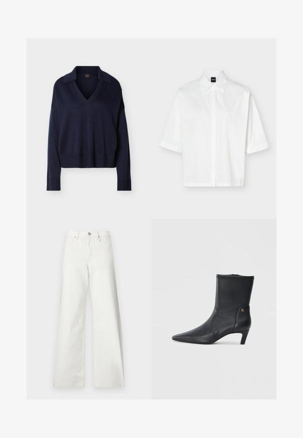 Pull bleu marine à manches longues avec col en V, col, poignets et ourlet côtelés, présenté sur fond blanc uni.; Chemise blanche à manches courtes avec col et patte de boutonnage dissimulée, avec une étiquette de marque noire "BOSS" à l'intérieur du col.; Jean blanc taille haute à jambes larges, fermeture à boutons devant, passants de ceinture et poches avant sur fond uni.; Bottines en cuir noir avec un bout pointu et un petit talon. Présentent une texture lisse et un petit détail en logo doré sur le côté.