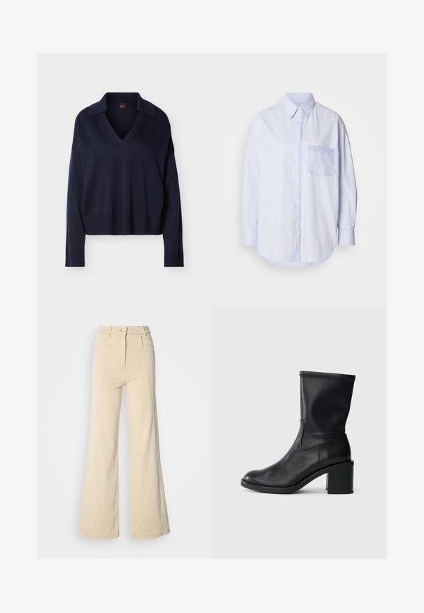 Pull bleu marine à manches longues avec col en V, col, poignets et ourlet côtelés, présenté sur fond blanc uni.; Chemise bleu clair à boutons avec manches longues, col standard et poche poitrine gauche ornée d'un tissu accent plus clair bleu.; Jeans beige à jambes larges avec taille haute, poches avant, et couture contrastée, dotés d'une fermeture à bouton et d'une texture en coton lisse.; Botte en cuir noir à cheville avec un bout rond, texture lisse et un talon épais, présentant un tige ajustée et un subtil détail de couture.