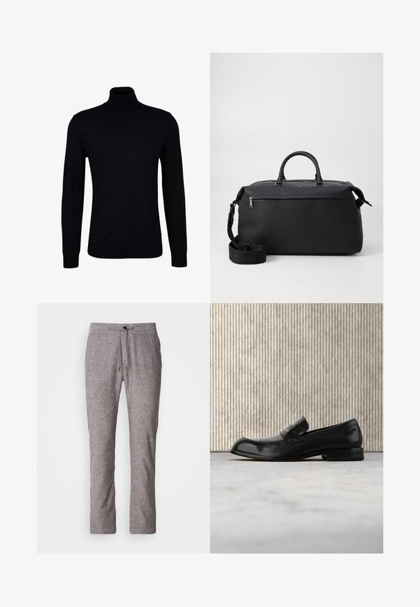 Suéter negro de cuello alto en un tejido de punto suave. Presenta mangas largas, un cuello ajustado y puños y dobladillo acanalados para un ajuste ceñido.; Pantalones de mezcla de lino de color gris claro con un ajuste relajado, cinturilla elástica y cierre con cordón. Presenta una textura sutil y un diseño de pierna recta.; Mocasín negro de cuero con detalle metálico, mostrado suspendido sobre una alfombra beige, con una mesa redonda de color ámbar en el fondo.; Bolsa de viaje de cuero negro con dos asas superiores, una correa de hombro desmontable y un bolsillo frontal con cremallera para almacenamiento adicional.