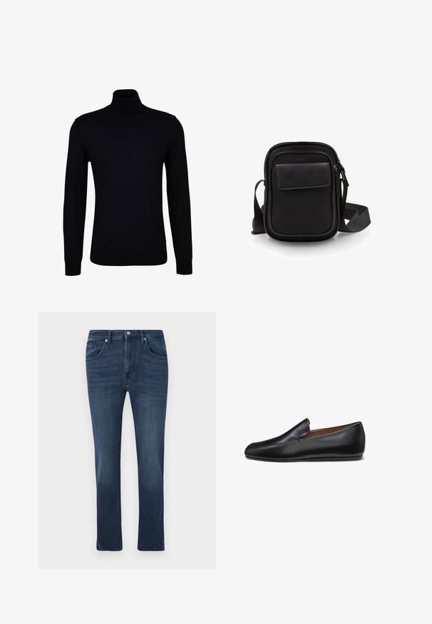 Sort turtleneck sweater i glat strikstof. Har lange ærmer, en tætsiddende hals og ribbede manchetter og kant for en tætsiddende pasform.; Mørkeblå slim-fit denimjeans med front- og myntlommer, knaplukning og subtilt slid på lårene.; Sort læder slip-on loafer med et elegant, minimalistisk design og rundet tå, vist i profil mod en hvid baggrund.; Sort skuldertaske med tekstureret læderklap, rektangulær form, justerbar rem, lynlåslukning og glat stoffinish.