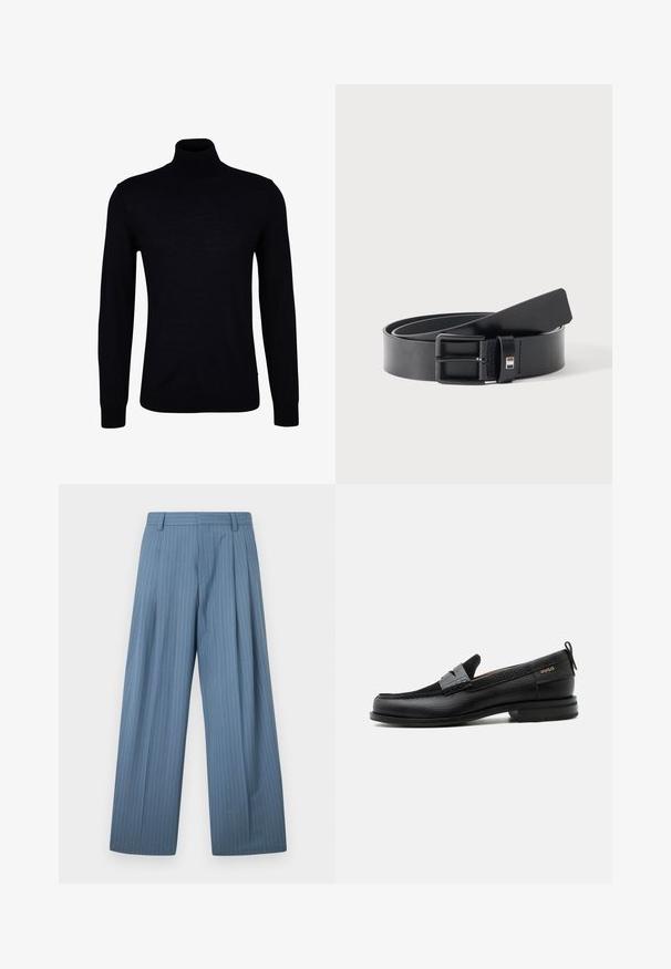 Pull en laine noire avec un tricot lisse. Doté de manches longues, d'un col ajusté et de bords côtelés aux poignets et à l'ourlet pour un ajustement snug.; Pantalon ample bleu clair à fines rayures verticales blanches, avec un devant plissé et une texture lisse. Ceinture ajustable incluse.; Mocassin en cuir noir avec détail de bride grise, talon bas et semelle texturée, marqué "HUGO" en or sur le côté.; Ceinture en cuir noir avec boucle métallique noire mate, légèrement enroulée avec l'extrémité de la lanière reposant sur une surface blanche.