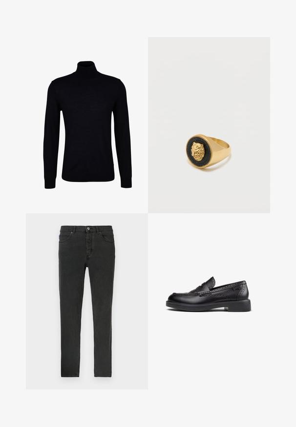 Suéter negro de cuello alto en un tejido de punto suave. Presenta mangas largas, un cuello ajustado y puños y dobladillo acanalados para un ajuste ceñido.; Jeans de mezclilla negra con un ajuste slim, que cuentan con cinco bolsillos, cierre de botones y costuras visibles a lo largo de las uniones. Acabado mate con textura sutil.; Mocasines negros de cuero con detalles brogue, tacón bajo y ancho, y puntera redondeada. Textura lisa con acentos perforados y logo lateral.; Anillo de oro con una cara circular negra que presenta una cabeza de león detallada en relieve y un texto grabado alrededor.