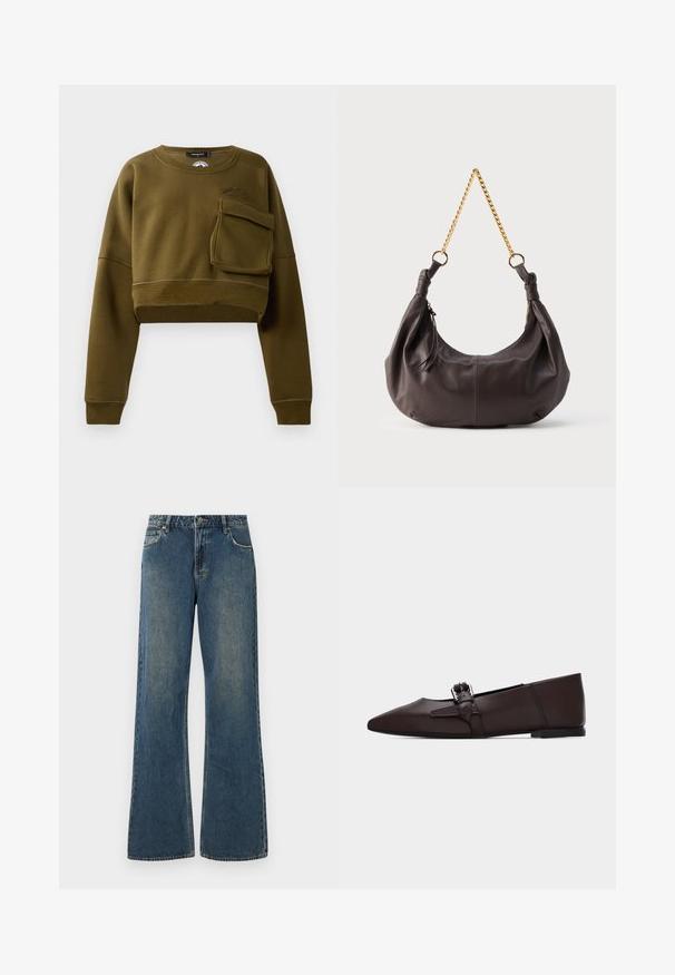 Oliven grøn cropped sweatshirt med rund halsudskæring, lange ærmer og lomme foran. Har tekstureret stof og diskret logo-detalje.; Bredde ben denim jeans i mellemblå med en falmet finish. Har fem lommer, bæltestropper og en metalknaplukning. Så lavet af bomuldsstof.; Mørkebrune flade sko med spids tå og lav hæl samt en dekorativ ankelrem med en sølvspænde på en ensfarvet baggrund.; Blød, mørkebrun skuldertaske i læder med knyttede ender og en kort guldkæde som rem, mod en enkel lys baggrund.