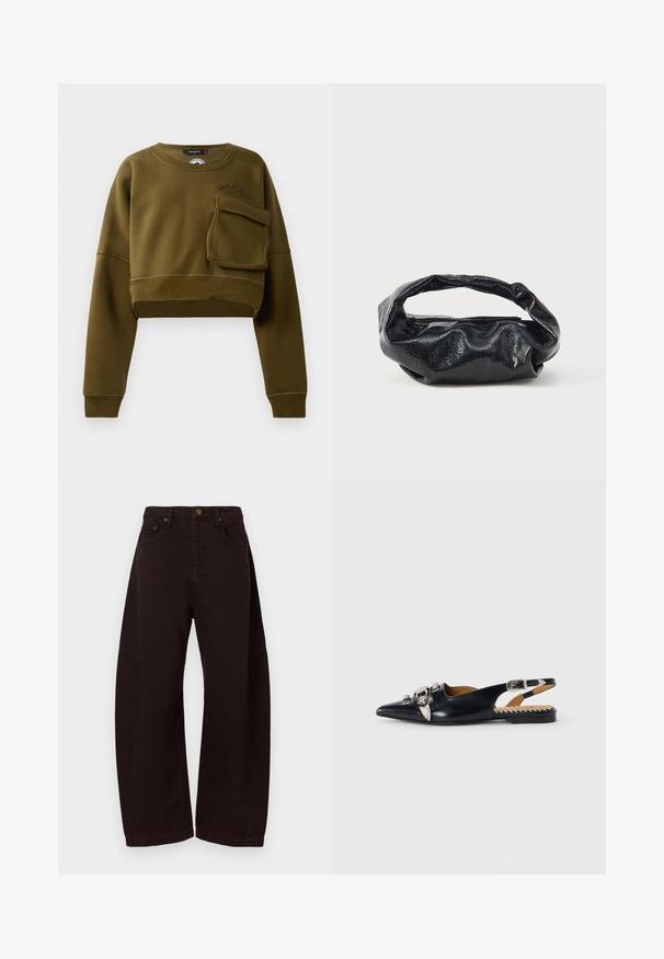 Oliven grøn cropped sweatshirt med rund halsudskæring, lange ærmer og lomme foran. Har tekstureret stof og diskret logo-detalje.; Sorte vidde bukser i denim med høj talje, lukning med metalknap og sidelommer. Glat tekstur, lige snit.; Sort lædersandal med spids tå, prydet med sølvhardware og bladdetaljer. Flad sål med stribede indvendige accenter.; Sort taske lavet af blankt, tekstureret materiale med et cirkulært, snoet håndtag og lynlås. Har et blødt, rynket design.