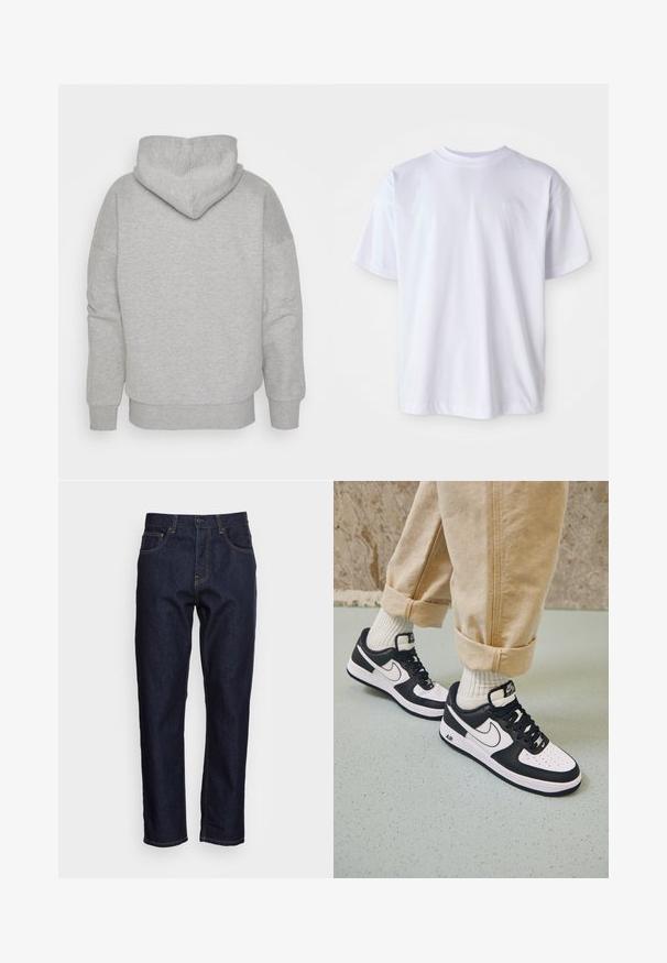 Hoodie gris avec une capuche ajustée, des manches larges et un ourlet côtelé. Tissu doux et texturé sans motifs visibles ni détails en métal.; T-shirt en coton blanc avec un col rond et des manches courtes. Présente un logo subtil brodé de la même couleur sur la poitrine gauche.; Jeans en denim bleu foncé avec une coupe droite, cinq poches et des coutures jaunes contrastées. Conçus avec une fermeture classique à bouton et à glissière.; Baskets Nike Air Force 1 en noir et blanc avec un dessus en cuir, orteil perforé et détail de semelle texturée, portées avec un pantalon beige retroussé et des chaussettes blanches.