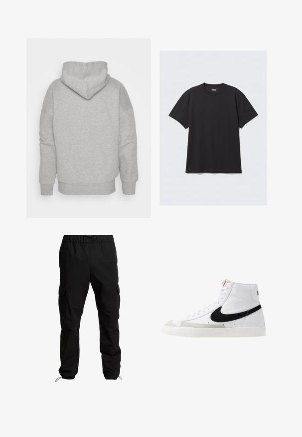 Hoodie gris avec une capuche ajustée, des manches larges et un ourlet côtelé. Tissu doux et texturé sans motifs visibles ni détails en métal.; T-shirt noir à manches courtes en coton. Il présente un col rond et une coupe décontractée. Design simple sans motifs ni accents visibles.; Pantalons cargo noirs en tissu durable, dotés d'une taille élastique, de cordons de serrage ajustables et de poches latérales avec fermetures à rabat.; Baskets montantes blanches avec un swoosh noir, un capuchon de pied texturé gris et une semelle plate blanche. Elles possèdent six œillets et des accents cousus.