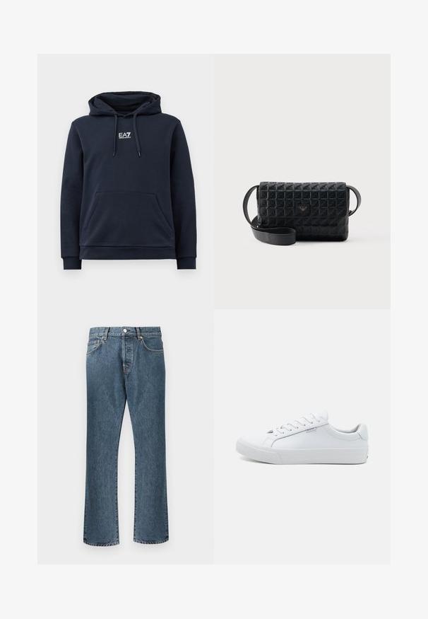 Navyblaues Kapuzenshirt mit Fronttasche, verstellbarem Kordelzug an der Kapuze und weißem EA7 Emporio Armani Logo auf der Brust.; Blaue Denim-Jeans mit geradem Bein, ausgestattet mit einem klassischen Knopf- und Reißverschluss, fünf Taschen und dezenten Ausbleichungen.; Weiße Leder-Sneaker mit glatter Oberfläche, niedrigem Design, runder Spitze und flacher Gummisohle. Ausgestattet mit flachen Schnürsenkeln und minimaler Markenkennung.; Schwarze, strukturierte Umhängetasche mit Klappverschluss und kleinem Metalllogo auf der Vorderseite, vor einem schlichten Hintergrund präsentiert.