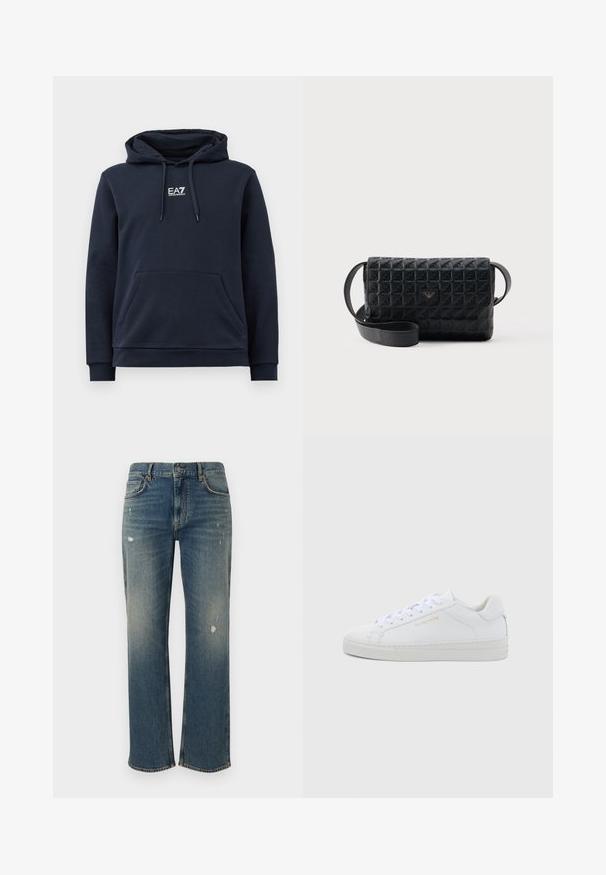 Tume sinine kapuutsiga dressipluus, millel on ees tasku, reguleeritav paelakinnitus kapuutsil ja valge EA7 Emporio Armani logo rinnal.; Keskmise sinise värvusega teksapüksid otsekäärimisega, millel on kerged fassaadid ja kulunud laigud. Klassikaline viie tasku disain ja pealmine nupu sulgemine.; Valged nahast madala säärega tennised ümarate ninadega, tasase paeltega, tekstuurse tallaga ja peene kuldse brändinguga külje peal. Sile pind ja minimalistlik disain.; Mustast tekstuurist risti üle keha kantav kott, millel on lapi-stiilis sulgemine ja esiküljel väike metallist logo, esitletud ühevärvilise tausta ees.