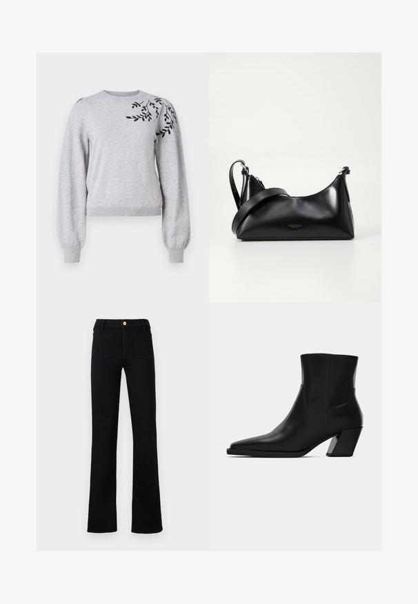 Object OBJTHESS EMBROIDERY PULLOVER - Pullover - light grey melange; Jean droit noir taille haute avec poches avant plaquées et fermeture à bouton en cuivre sur un fond neutre.; Bottine en cuir noir avec un bout pointu, une silhouette élégante et un talon carré massif. Texture lisse avec des détails de couture minimalistes.; Sac à main en cuir noir avec une texture lisse. Dispose d'une bandoulière adjustable et d'un design élégant et minimaliste avec une fermeture éclair.