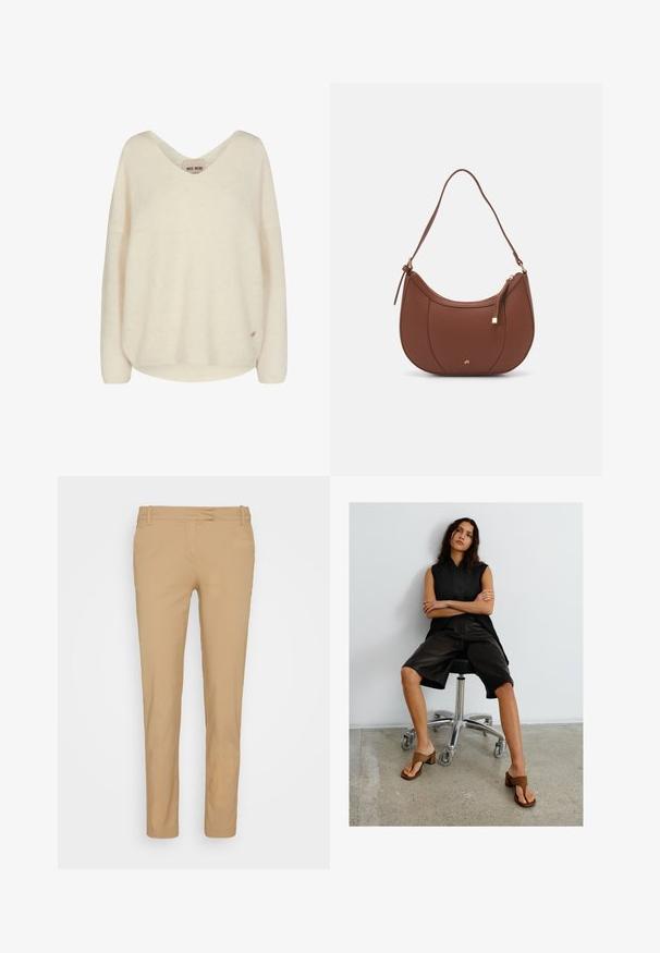 Kremfarvet strikket sweater med v-hals, nedhængende skuldre og ribbet tekstur. Har en lille logo-tag på den nederste side.; Beige chinos lavet af letvægtsstof, med slim fit, standard talje, bæltesløjfer og frontlommer. Glat tekstur.; Kvinde med langt mørkt hår sidder på en sort kontorstol iført sort ærmeløs top, knælange sorte shorts og brune sandaler med hæl.; Brun faux læder skuldertaske med buet form, minimal syning og en guldtonet hardwaredetalje. Har en top lynlåslukning og justerbar rem.