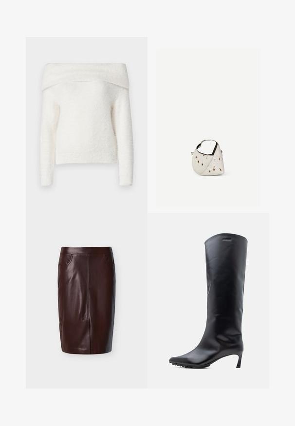 Noisy May NMHEIDI OFF SHOULDER - Trui - eggnog; Bruine leren potloodrok met een gladde textuur, voorzien van twee zijzakken en een naaddetail aan de voorkant, ontworpen voor een strakke pasvorm.; Zwarte leren laars tot aan de knie met een puntige neus en een slanke, hoge hak. Gladde textuur met minimale hardware en een merklogo vlak bij de bovenkant.; Kleine witte handtas met bruine vlekken, afgeronde driehoekige vorm, zwarte binnenvoering en korte verstelbare band met zilveren gesp.