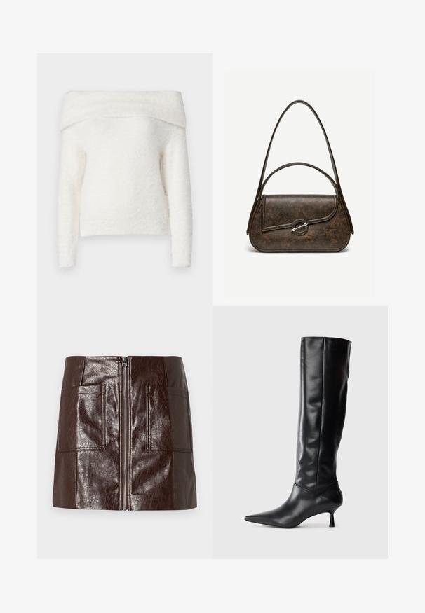 Noisy May NMHEIDI OFF SHOULDER - Trui - eggnog; Korte rok van bruin faux leer met een rits aan de voorkant, twee grote voorzakken en een gladde, glanzende textuur.; Zwarte leren kniehoge laars met een spitse neus en slanke gebogen hak. Gladde textuur, aansluitend ontwerp en geen zichtbare hardware of patronen.; Donkerbruine lederen handtas met textuur, twee hengsels, afgeronde rechthoekige vorm en zilveren cirkelvormige sluiting op de voorflap.