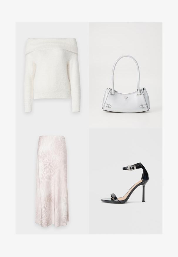 Noisy May NMHEIDI OFF SHOULDER - Striktrøje - eggnog; Lys lyserød midi-nederdel i glat stof med et subtilt leopardmønster, med en sidesprække for ekstra detalje og bevægelse.; Sort højhælet sandal i laklæder med ankelrem. Har minimalistisk design, åben tå og spænde med rhinsten-detaljer.; Sølv håndtaske med et struktureret design, der har to håndtag, en skinnende overflade, accenthardware og et trekantet logo på fronten.