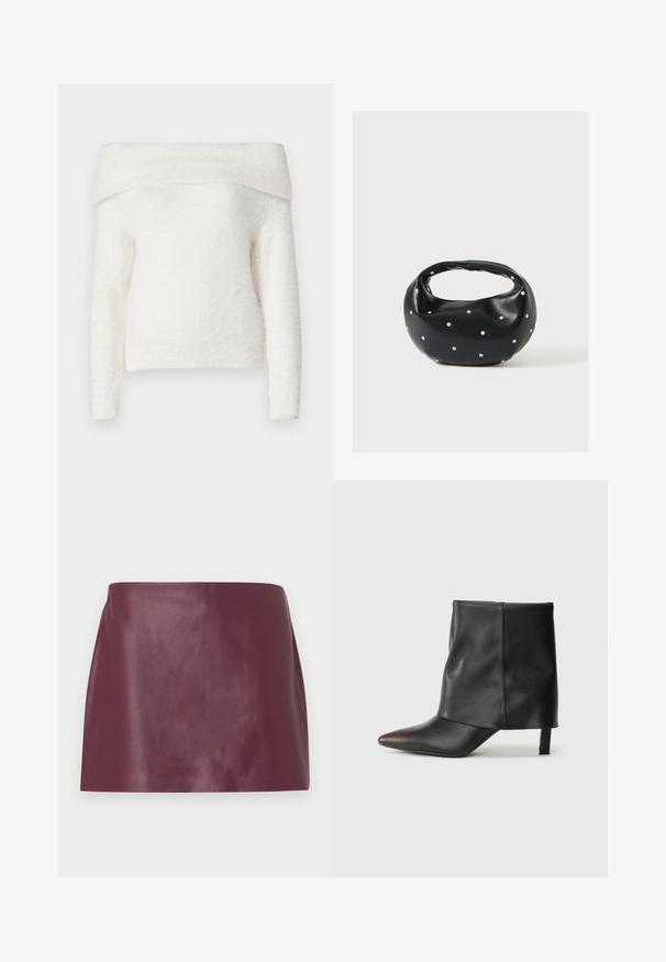 Noisy May NMHEIDI OFF SHOULDER - Jersey de punto - eggnog; Mini falda de cuero burdeos suave con corte recto y sin adornos ni cierres visibles.; Botín negro de piel lisa con punta afilada y tacón cónico. La parte superior presenta un diseño ligeramente fruncido.; Bolso de mano de cuero negro con forma redondeada, decorado con detalles de tachuelas plateadas y un asa corta. Textura lisa y cierre con cremallera.
