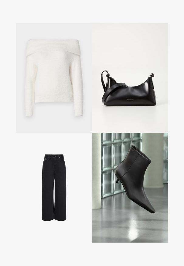 Noisy May NMHEIDI OFF SHOULDER - Jersey de punto - eggnog; Vaqueros negros de talle alto y piernas anchas con botón y cremallera delanteros, trabillas para cinturón y bolsillos delanteros visibles.; Bota de cuero negro para el tobillo con puntera puntiaguda y tacón pequeño, exhibida frente a una pared de bloques de vidrio y un suelo pulido.; Bolso de mano de cuero negro con una textura suave. Cuenta con una correa ajustable y un diseño elegante y minimalista con cierre de cremallera.