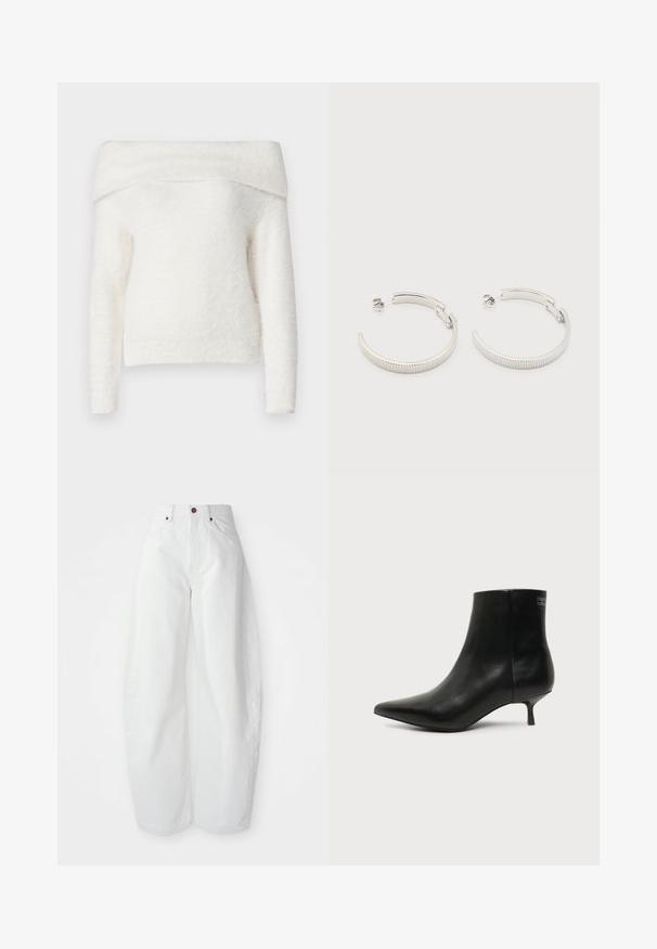 Noisy May NMHEIDI OFF SHOULDER - Striktrøje - eggnog; Højtaljede hvide denimbukser med løs pasform. Har en knaplukning, sidelommer og et minimalistisk design. Glat tekstur.; Sort læder ankelstøvle med spids tå og lav kitten hæl på lys baggrund, der viser yderside.; Sølvfarvede halvcirkelformede creoler med riflet tekstur og trykknapslukning på hvid baggrund.