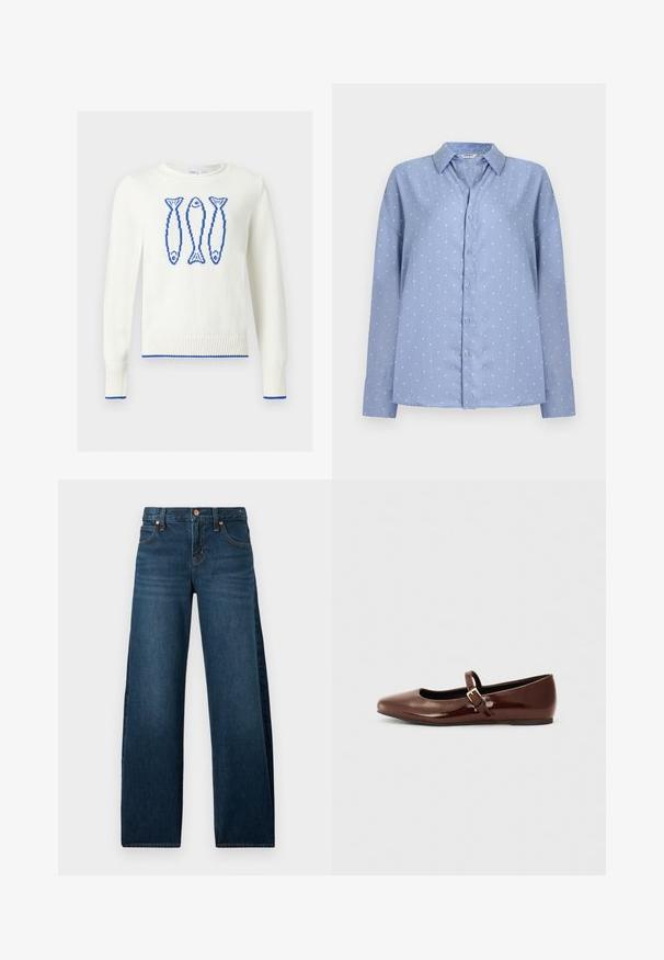 Pull blanc col rond avec trois poissons bleus pixélisés sur la poitrine et bordure bleue aux poignets et à l’ourlet.; Chemise bleu clair à manches longues avec boutons, à pois blancs et col pointu, présentée sur un fond clair uni.; Jean en denim bleu foncé à coupe droite avec cinq poches et rivets en cuivre, présenté sur un fond blanc.; Ballerine en cuir verni marron avec un bout carré et une lanière ornée d'une petite boucle dorée. Texture lisse, talon bas et design minimaliste.
