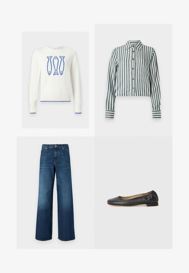 Pull blanc col rond avec trois poissons bleus pixélisés sur la poitrine et bordure bleue aux poignets et à l’ourlet.; Chemise à manches longues avec boutons, rayures verticales vertes et blanches, une poche avant sur le côté gauche et un col pointu.; Jean bleu à jambes larges avec poches avant, passants de ceinture et bouton de fermeture sur fond uni.; Ballerines en cuir noir avec un bout arrondi et des coutures minimales. Talon bas et rectangulaire avec une texture lisse. Détails subtils de doublure intérieure.