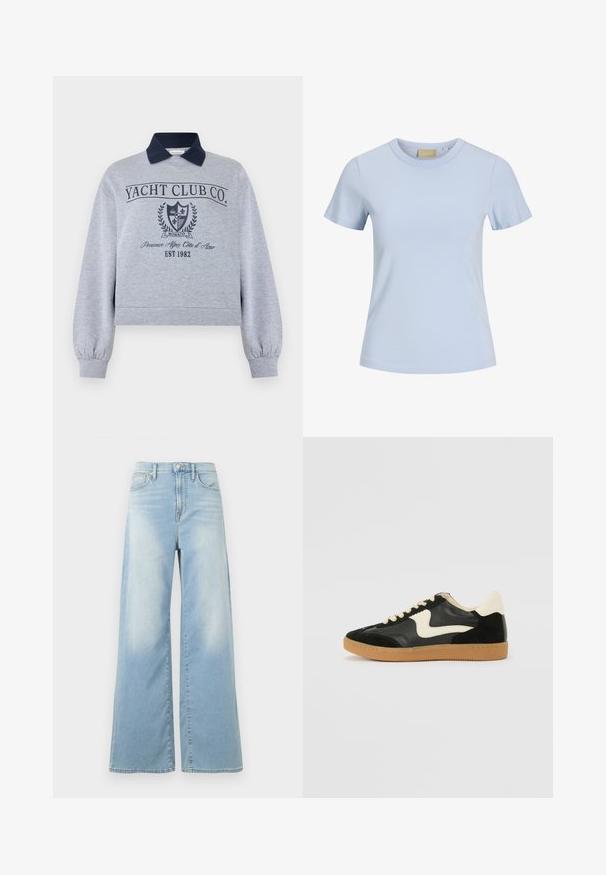 Sweat-shirt gris clair à manches longues avec col bleu marine, texte "Yacht Club Co.", blason de Monaco et imprimé "Provence Alpes Côte d'Azur EST 1982".; T-shirt bleu clair à manches courtes et col rond avec un ourlet droit, présenté sur un fond blanc uni.; Jean large bleu clair à taille haute, avec boutons à l'avant et poches, présenté sur un fond blanc.; Baskets en daim et cuir noir avec un swoosh latéral crème et un talon crème clair. Dotées de lacets beige et d'une semelle en caoutchouc gomme.