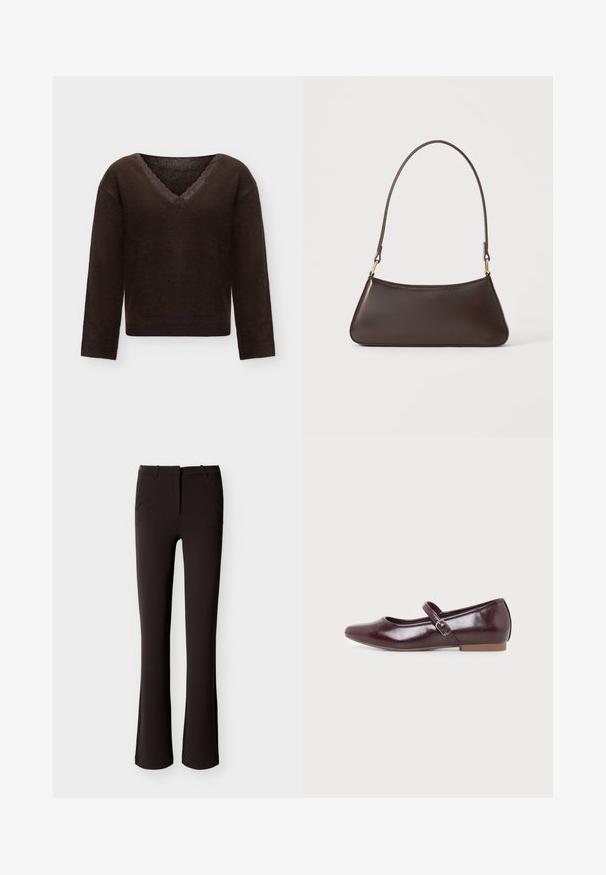 Pull marron foncé à manches longues avec col en V et bordure en dentelle festonnée à l'encolure, présenté sur un fond clair uni.; Pantalon noir slim avec légère évasure, fermeture éclair à l'avant et passants pour ceinture, présenté à plat sur un fond blanc.; Chaussure plate Mary Jane bordeaux avec bout arrondi, finition brillante, bride latérale ajustable avec boucle argentée et semelle basse couleur tan.; Sac à main en cuir marron foncé avec une fermeture éclair incurvée en haut et une fine bandoulière avec des fermoirs dorés sur un fond uni.